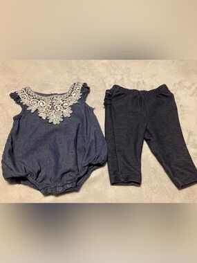 indigo soul Navy Bubble Romper with Lace Yoke and Matching Navy Ruffle Leggings
